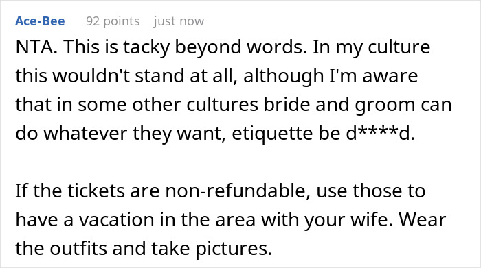 A screenshot of a Reddit comment about PTO and travel for a destination wedding, advising a vacation with the wife. A screenshot of a Reddit comment about PTO and travel for a destination wedding, advising a vacation with the wife.