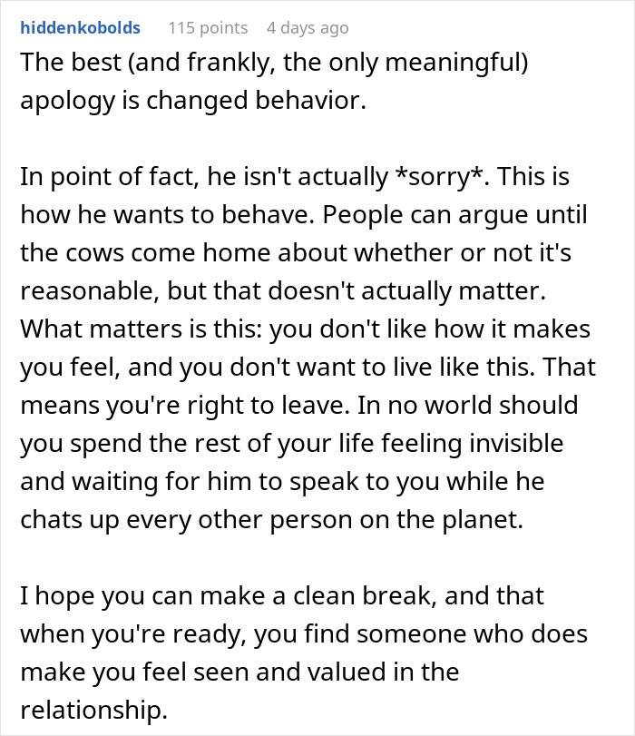 A comment advising a woman to quit her relationship with her talkative fiancé for changed behavior. A comment advising a woman to quit her relationship with her talkative fiancé for changed behavior.