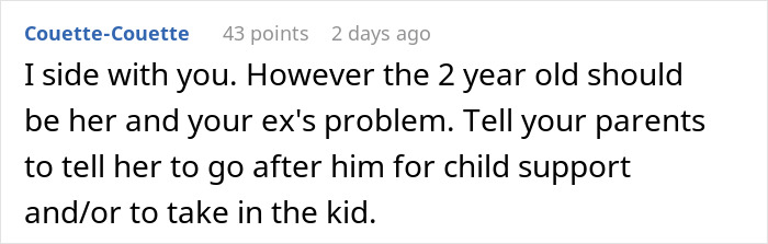 Comment siding with woman and suggesting ex should handle child support
