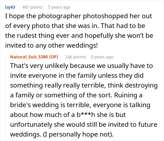 A text box showing comments from online users discussing the rude behavior of the bride's cousin, hoping she won't be invited to other weddings. A text box showing comments from online users discussing the rude behavior of the bride's cousin, hoping she won't be invited to other weddings.