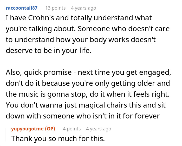 A comment about Crohn's disease and advice on engagement, related to a man realizing his fiancée is the problem. A comment about Crohn's disease and advice on engagement, related to a man realizing his fiancée is the problem.
