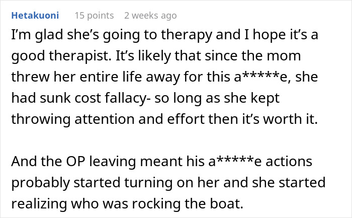 A comment about the 19YO stepdaughter going to therapy after her mom's actions and the stepdad's house rules. A comment about the 19YO stepdaughter going to therapy after her mom's actions and the stepdad's house rules.