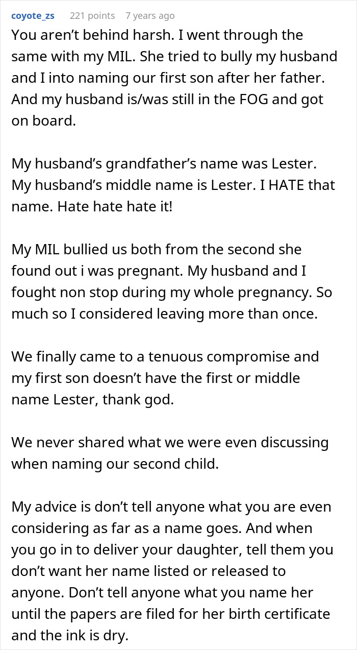 A story of a pregnant DIL whose MIL wanted the final say on the baby's name.