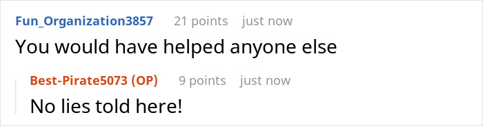 Comment appreciating help and honesty in revenge story Comment appreciating help and honesty in revenge story