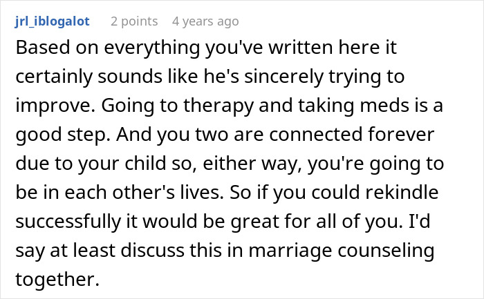 A comment about a pregnant woman asking for divorce, recommending marriage counseling. A comment about a pregnant woman asking for divorce, recommending marriage counseling.