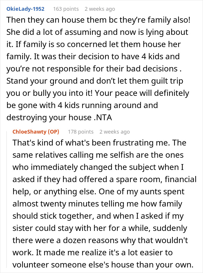 Reddit comments: NTA, encouraging a woman to stand her ground about her own home against family.