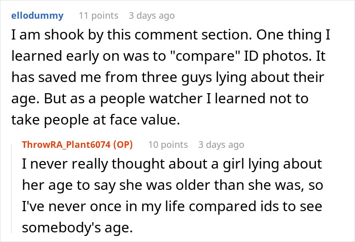 User shocked by comment section about comparing ID photos to verify age in a fake birthday lie