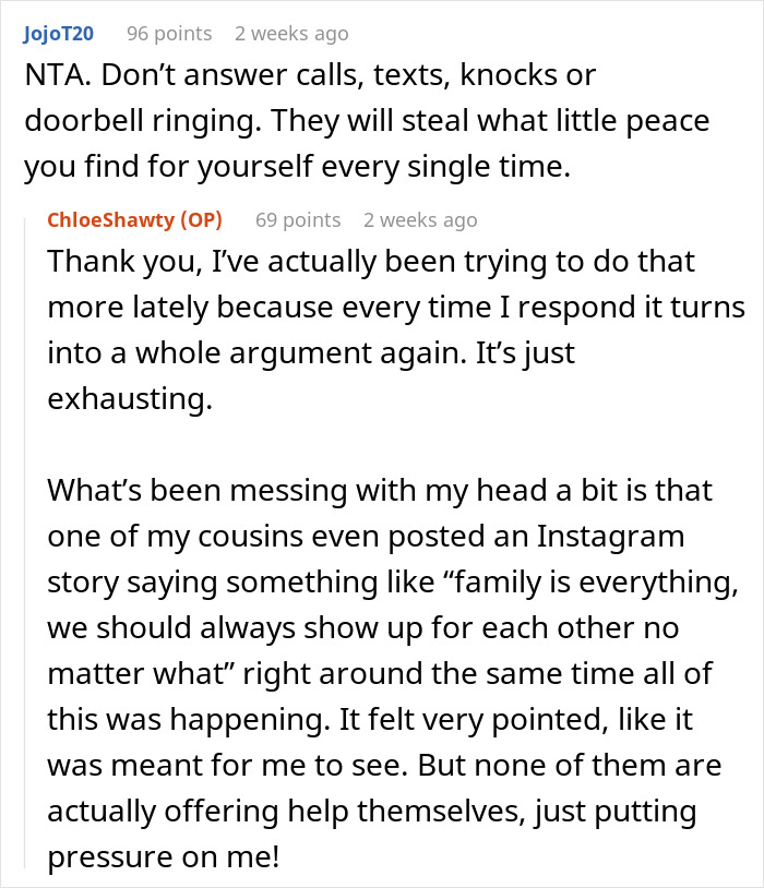 Reddit comments: NTA, advising a woman to ignore family pressure about her new home.