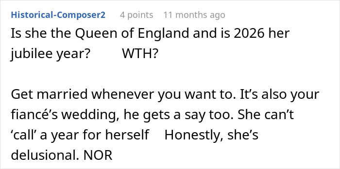 A comment asking if the mom is royalty for wanting a whole year to celebrate her birthday, impacting wedding plans. A comment asking if the mom is royalty for wanting a whole year to celebrate her birthday, impacting wedding plans.