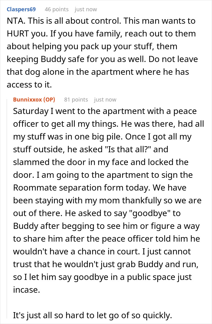 Discussion about control and safety involving shared dog after breakup Discussion about control and safety involving shared dog after breakup