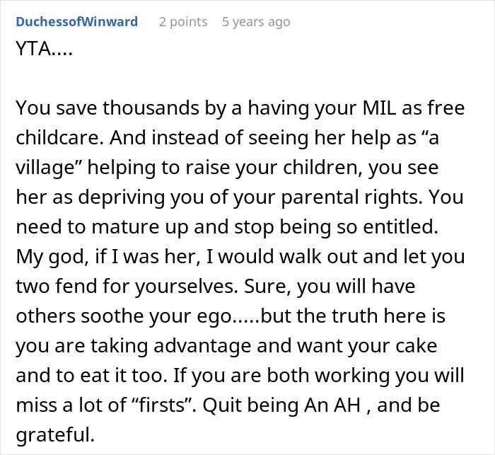 Criticism of parental entitlement and MIL's free childcare contributions