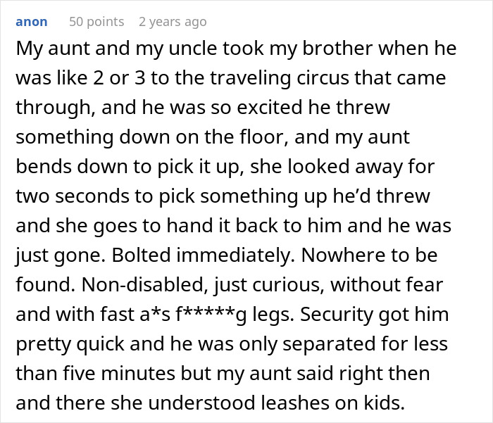 Comment sharing personal story of losing a non-disabled child quickly and importance of leashes