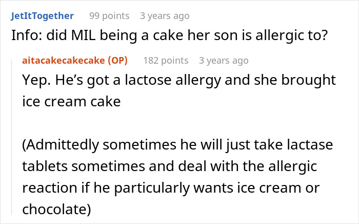 Discussion about son's lactose allergy and MIL bringing cake