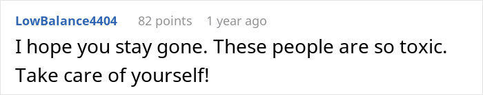 A screenshot of a comment from a user named LowBalance4404 who tells a woman to leave home and take care of herself.