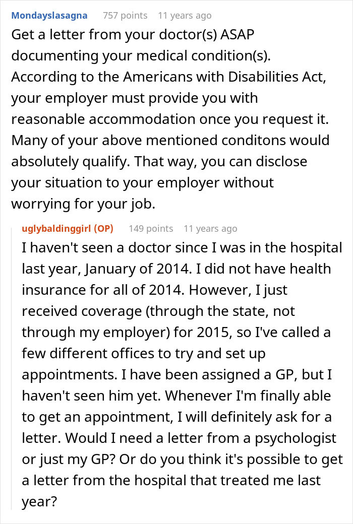 A woman discusses her hair and medical condition related to her job, seeking advice on documentation.