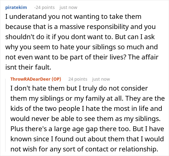 Reddit user explaining reasons for not accepting half siblings after family affair Reddit user explaining reasons for not accepting half siblings after family affair