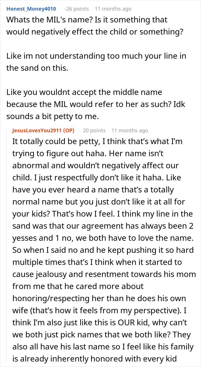 A detailed Reddit comment from a wife explaining her husband's reluctance to honor her with a name choice.