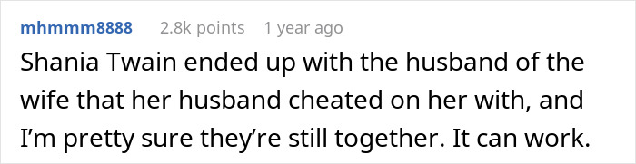 Comment about Shania Twain ending up with husband's affair partner and relationship working Comment about Shania Twain ending up with husband's affair partner and relationship working