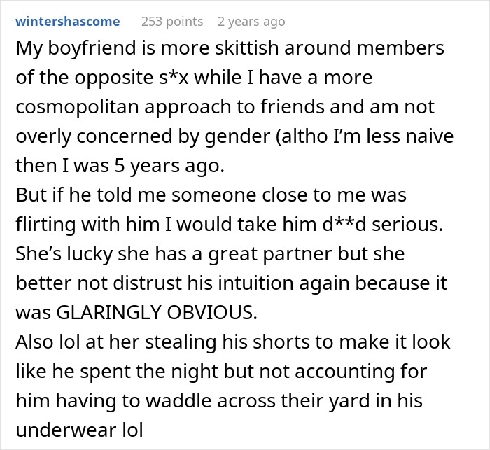 A Reddit comment discussing a wife's creepy friend trying to steal her hubby by staging a post-intimacy scene.