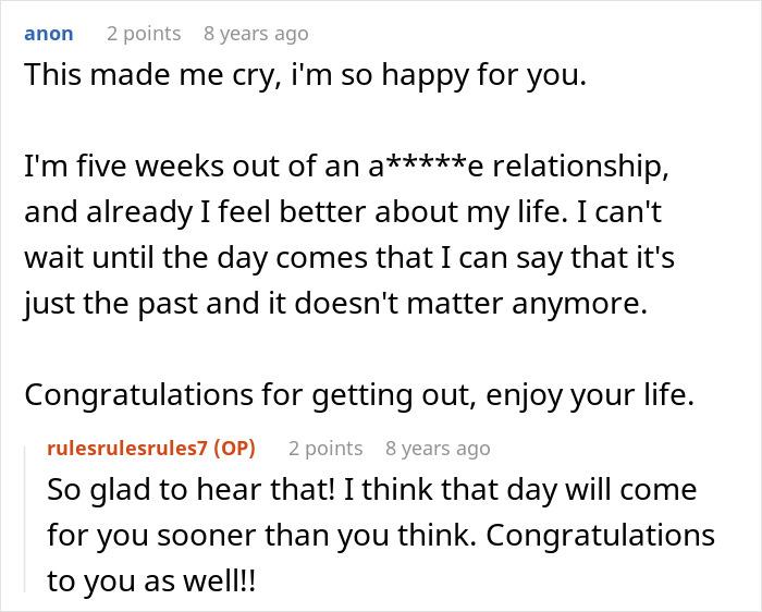 Comment on leaving a toxic relationship, finding happiness after a toxic guy made her single.