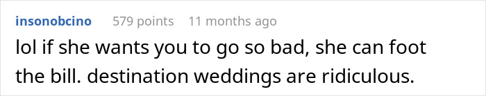 Comment criticizing destination weddings as ridiculous expenses