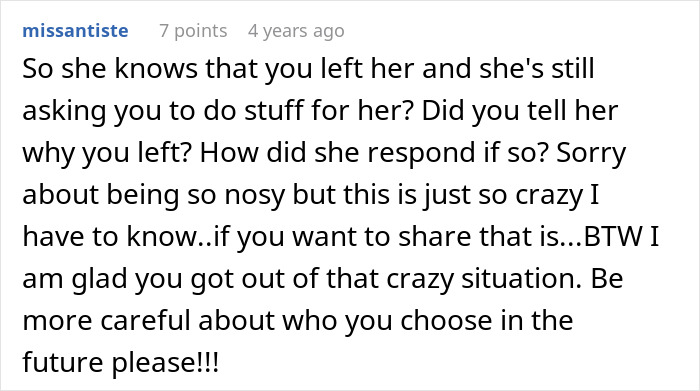 A comment asking if the fiancée knows about the breakup and if shes still asking for favors, realizing the fiancée is the problem. A comment asking if the fiancée knows about the breakup and if shes still asking for favors, realizing the fiancée is the problem.