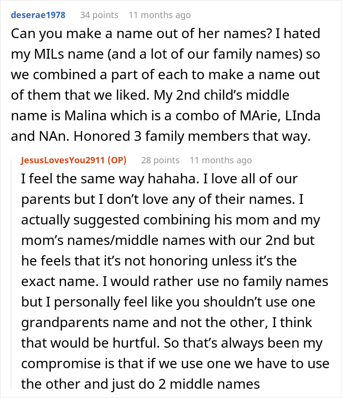 A screenshot of a Reddit comment section with a user suggesting combining names to honor his mom and the wife.