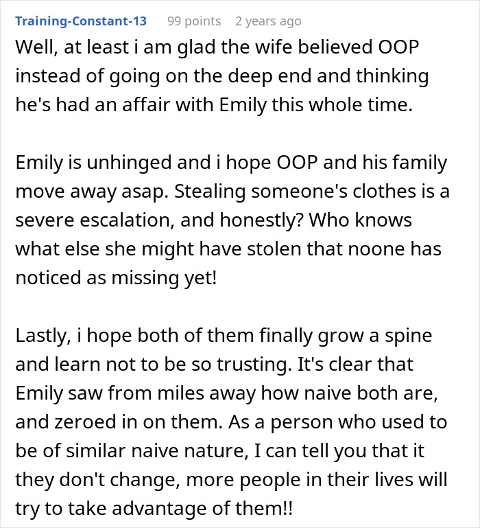 A Reddit comment about a wife believing her hubby, discussing a creepy friend and her post-intimacy scene plot.