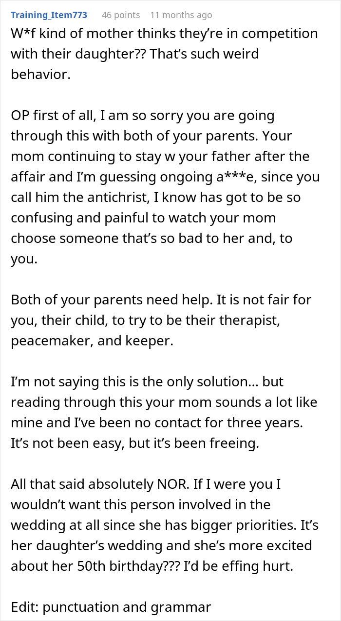 Screenshot of a comment addressing mom's behavior regarding daughter's wedding and her birthday. Screenshot of a comment addressing mom's behavior regarding daughter's wedding and her birthday.