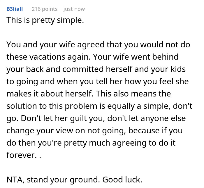 A screenshot of a comment advising a husband not to give in to a family trip with in-laws.