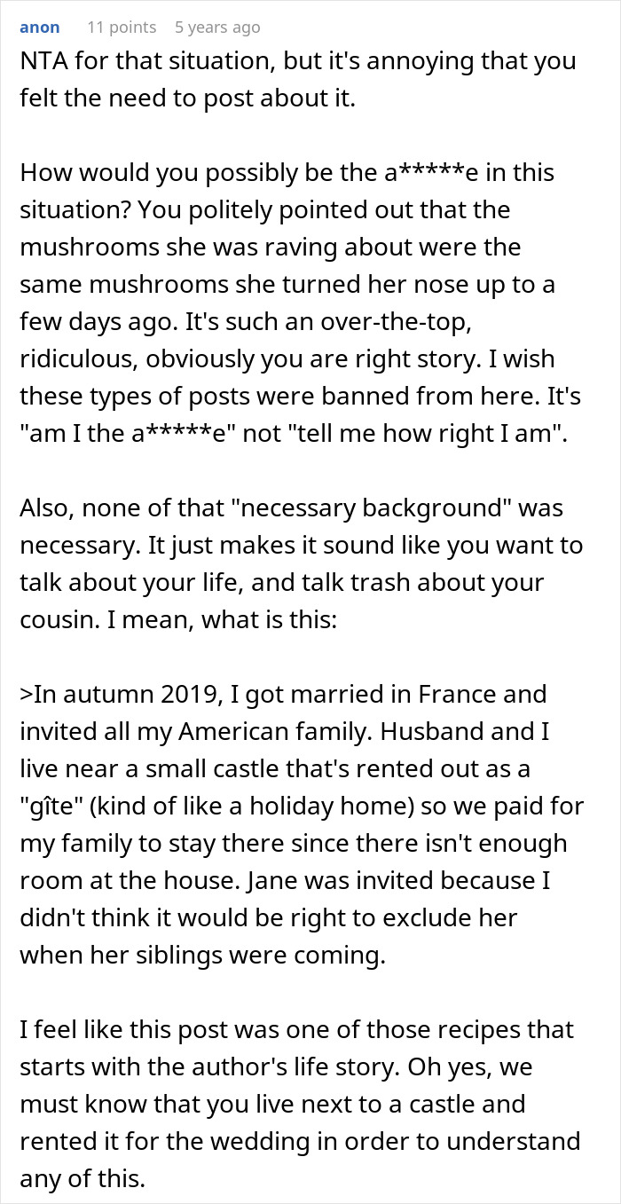 Comment discussing situation and wedding details in poor cousin story Comment discussing situation and wedding details in poor cousin story