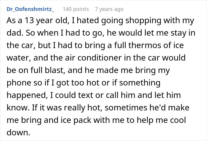 A comment about a safe approach to a child staying in the car, preventing a parenting fail by ensuring AC, water, and communication. A comment about a safe approach to a child staying in the car, preventing a parenting fail by ensuring AC, water, and communication.