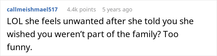Comment mocking MIL feeling unwanted after excluding couple from family