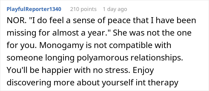 A comment advises a guy to avoid divorce by accepting an open marriage and to find peace in therapy. A comment advises a guy to avoid divorce by accepting an open marriage and to find peace in therapy.