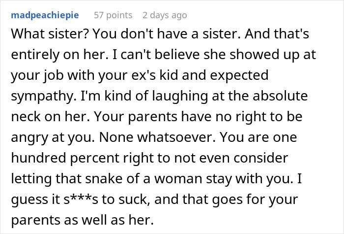 Comment supporting refusal to help sister after betrayal with emotional response