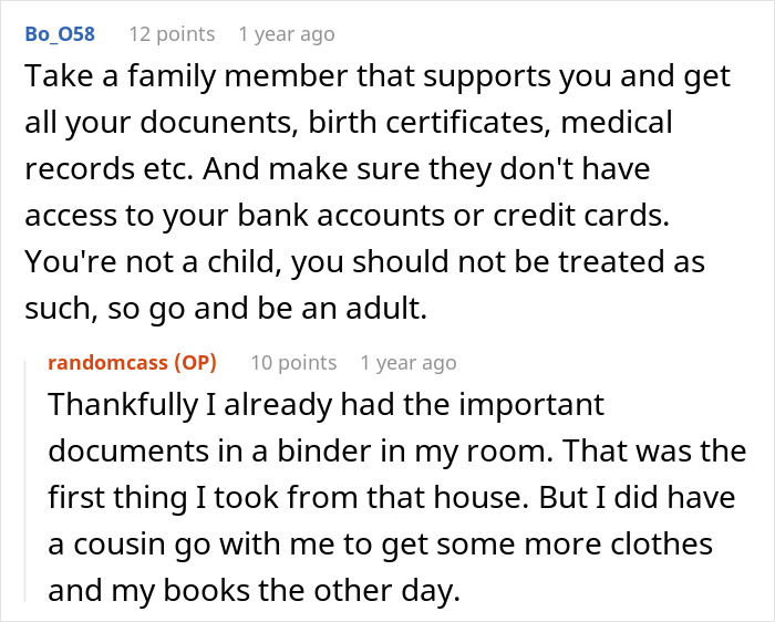 A woman leaving home after refusing to follow a rule, advised to secure documents.