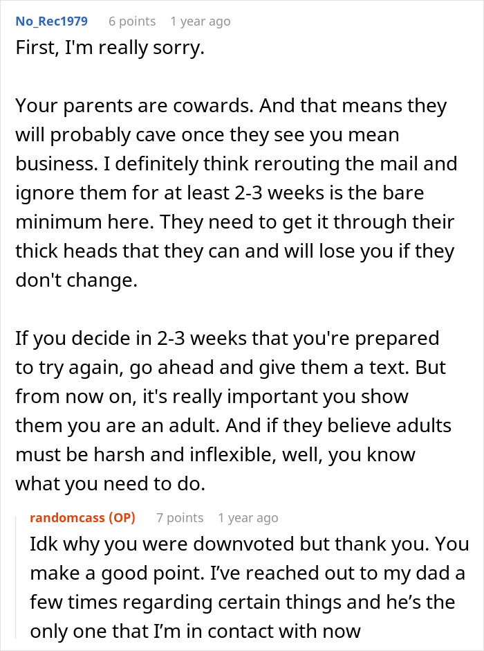 A woman is told to leave home in a Reddit comment about her parents being cowards for refusing to follow one rule.