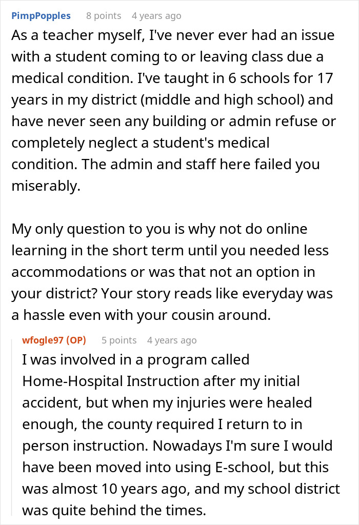 A screenshot showing comments about a school not providing an elevator key to a disabled teen.