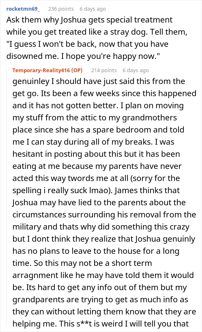 Reddit post detail for the story of 18YO, loving parents, and jobless bro, about the daughter's room being taken. Reddit post detail for the story of 18YO, loving parents, and jobless bro, about the daughter's room being taken.