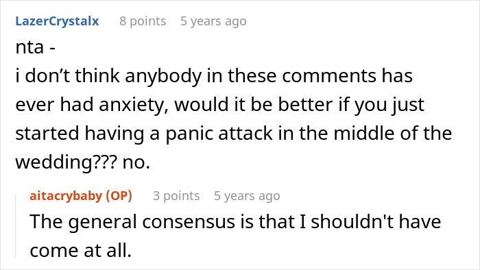 Comments discussing a man's panic attack and anxiety during a wedding event scenario Comments discussing a man's panic attack and anxiety during a wedding event scenario