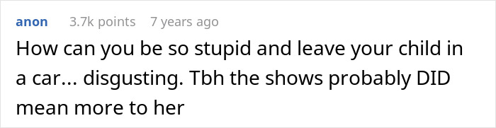 An online comment criticizing leaving a child in a car, related to a parenting fail and subsequent arrest. An online comment criticizing leaving a child in a car, related to a parenting fail and subsequent arrest.