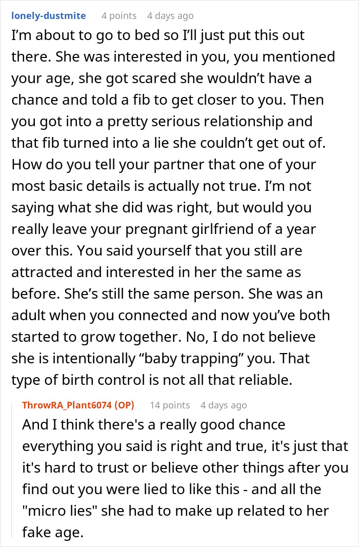 Discussion about trust, relationship growth, and fake age lies in a pregnant girlfriend scenario
