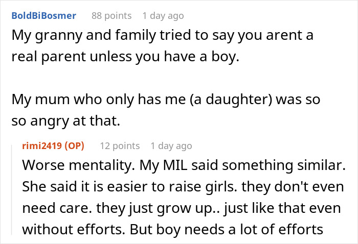 User shares family views on parenting boys versus girls and MIL opinions User shares family views on parenting boys versus girls and MIL opinions