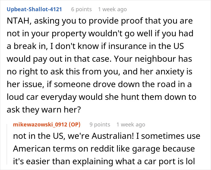 Reddit user's response about an anxious neighbor complaining about a guy's car, mentioning they are Australian. Reddit user's response about an anxious neighbor complaining about a guy's car, mentioning they are Australian.