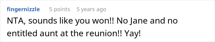 Comment reacting to family reunion drama with no entitled aunt present Comment reacting to family reunion drama with no entitled aunt present