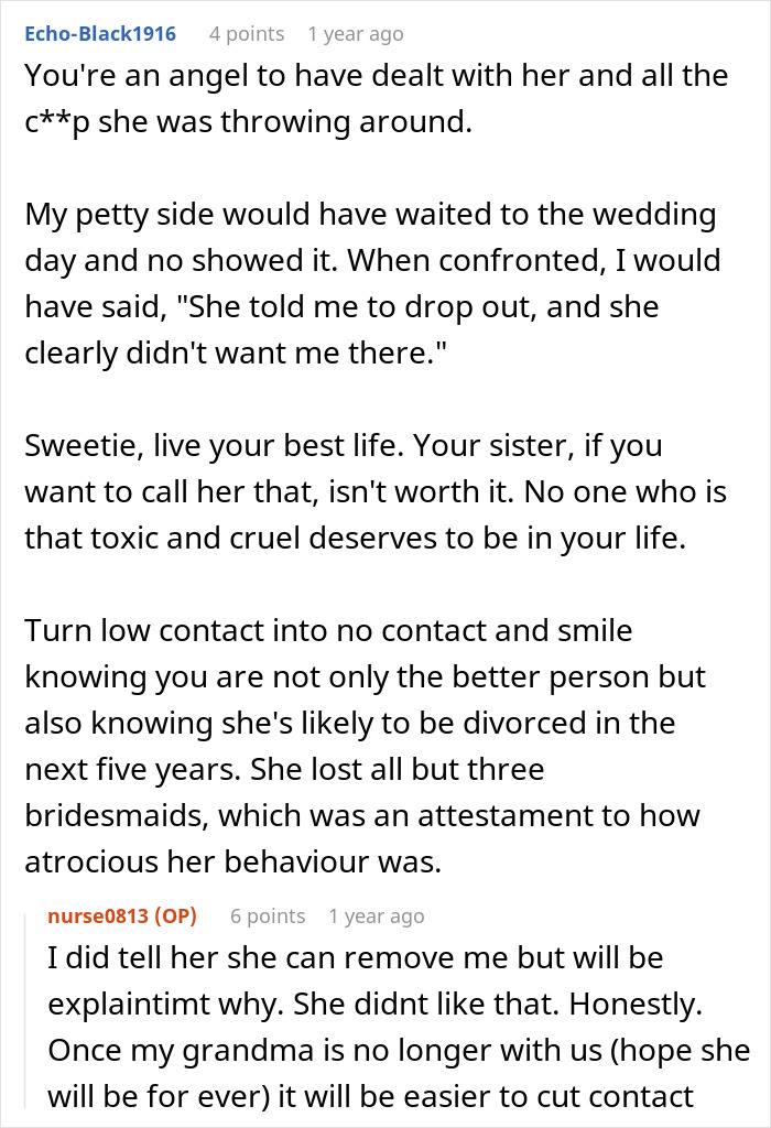 Supportive Reddit comment encouraging no contact with toxic sister at wedding Supportive Reddit comment encouraging no contact with toxic sister at wedding