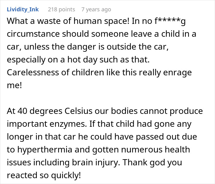 A comment about the dangers of leaving a child in a car on a hot day due to hyperthermia and brain injury, criticizing the parenting fail. A comment about the dangers of leaving a child in a car on a hot day due to hyperthermia and brain injury, criticizing the parenting fail.