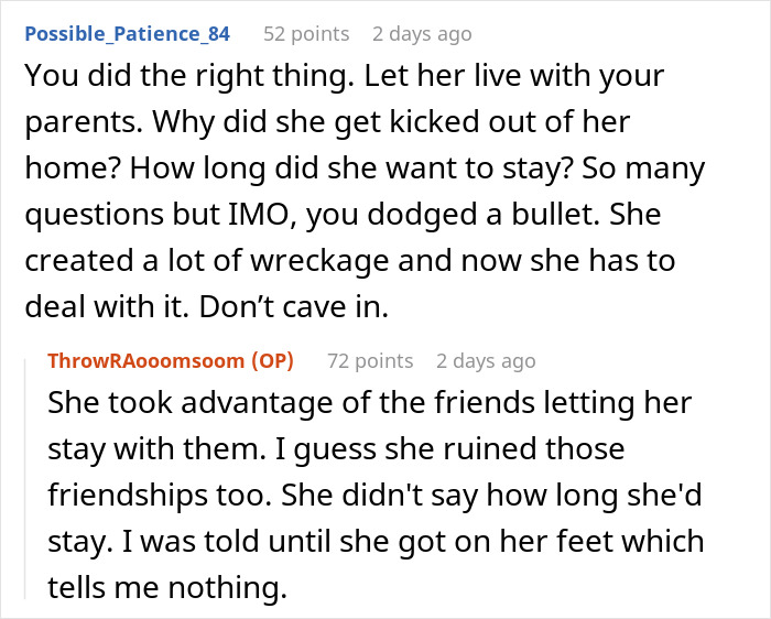 Online advice on rejecting homeless sister after betrayal in family conflict
