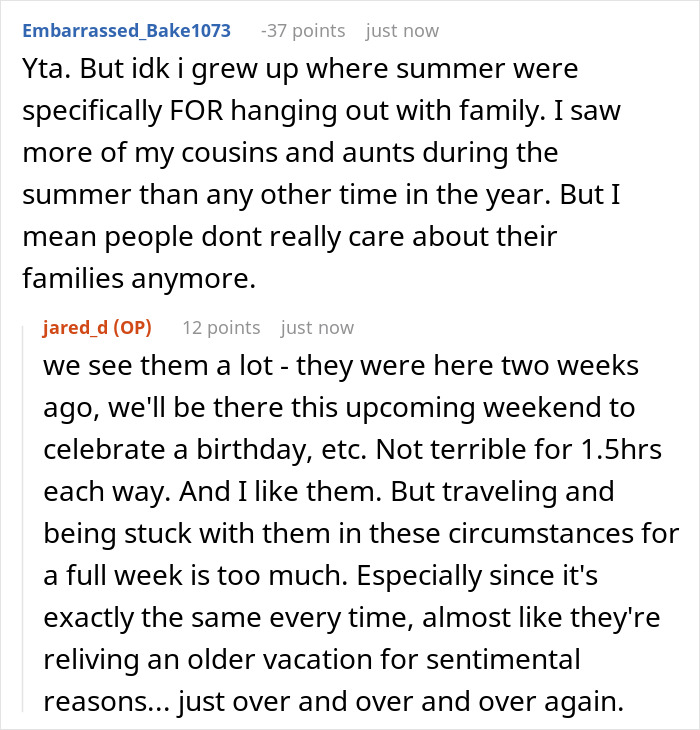 A Reddit thread comment about a husband dreading the annual family trip with in-laws, discussing time with family.