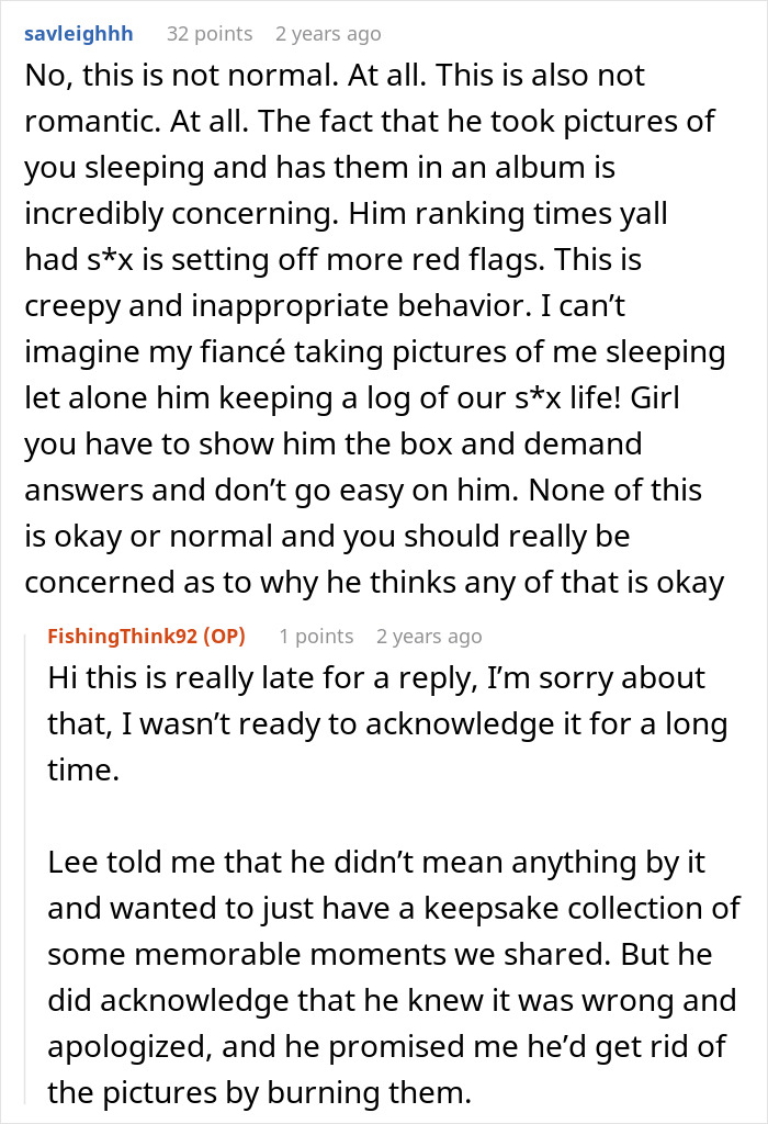 Woman finds husband's memory box revealing stalkerish tendencies, causing worry. Woman finds husband's memory box revealing stalkerish tendencies, causing worry.